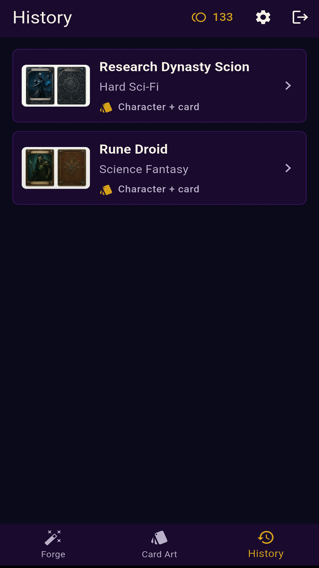 Saved character screen